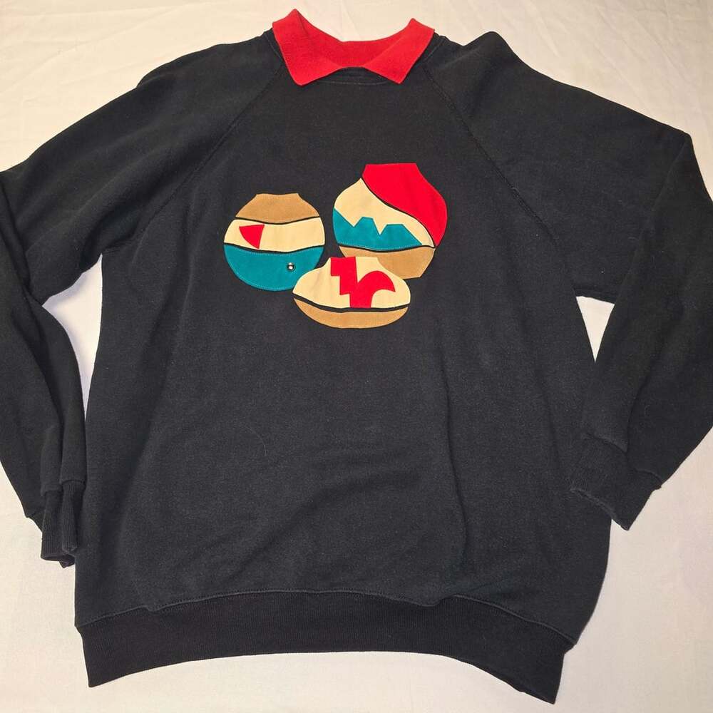 Vintage Southwestern Pottery Applique Black Sweatshirt Hanes with collar XL